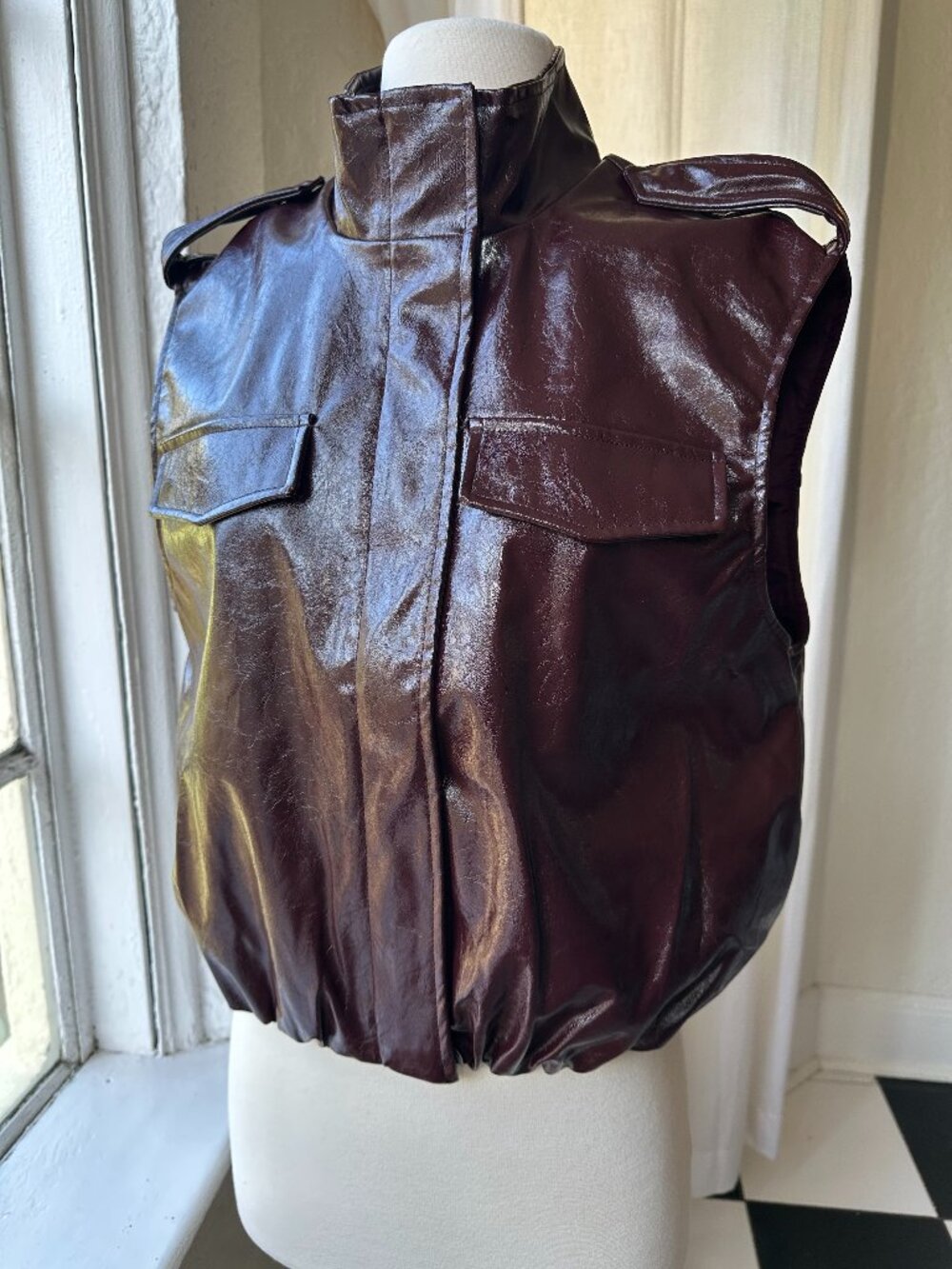 Steve Madden Luxie Deep Fig Faux Leather Funnel Neck Vest NWT Size M